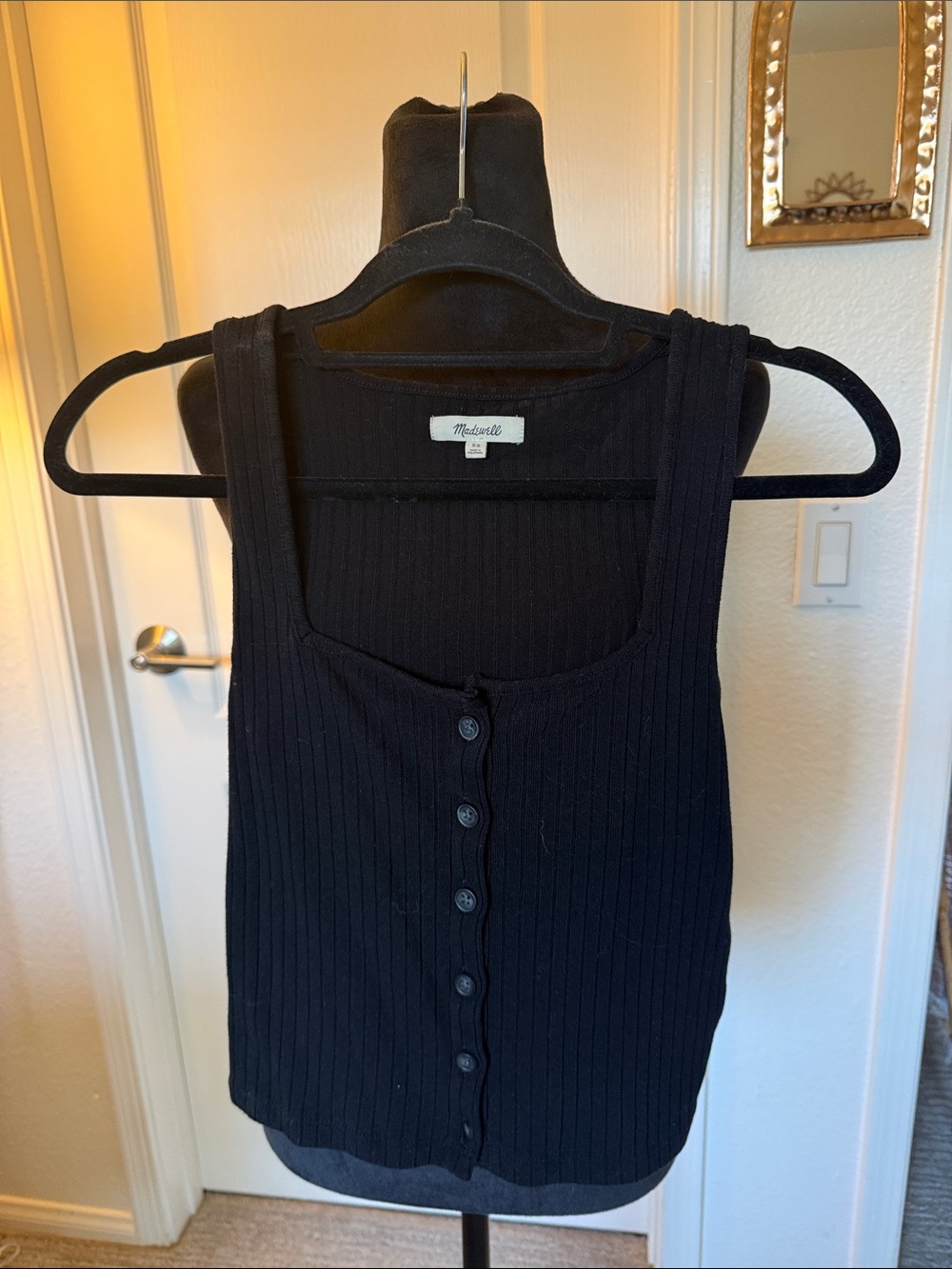 Madewell Black Ribbed Button-Front Square-Neck Tank